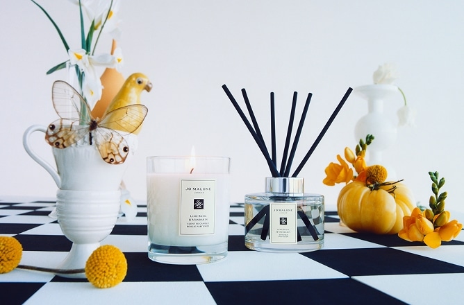Un arrangement frais et moderne de bougies et de diffuseurs Jo Malone London, agrémenté de fleurs jaunes et de vases sculpturaux.